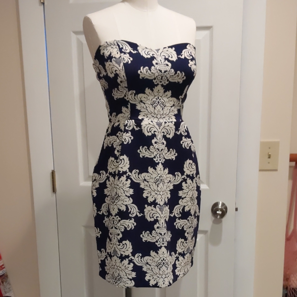 Strapless Mini Dress in Navy and Cream